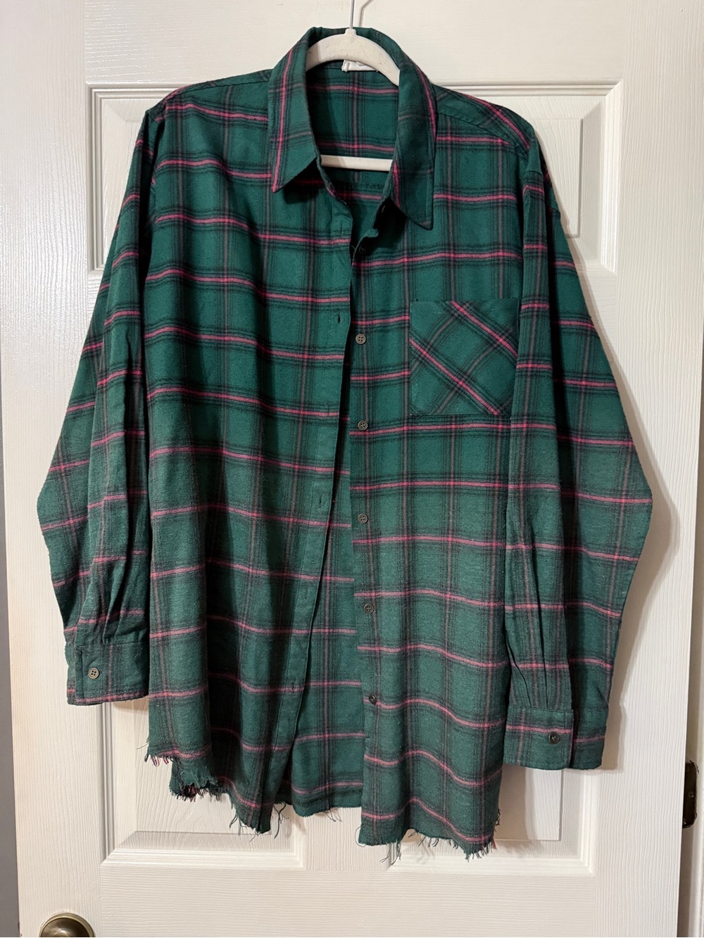 LA MIEL Dark Green Plaid Button-Down Shirt with Pink Stripes
